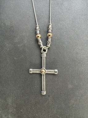 Sterling Silver 925 Cross Pendant Necklace with Brass Accents